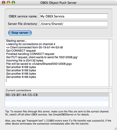 Screenshot of SimpleOBEXServer example application